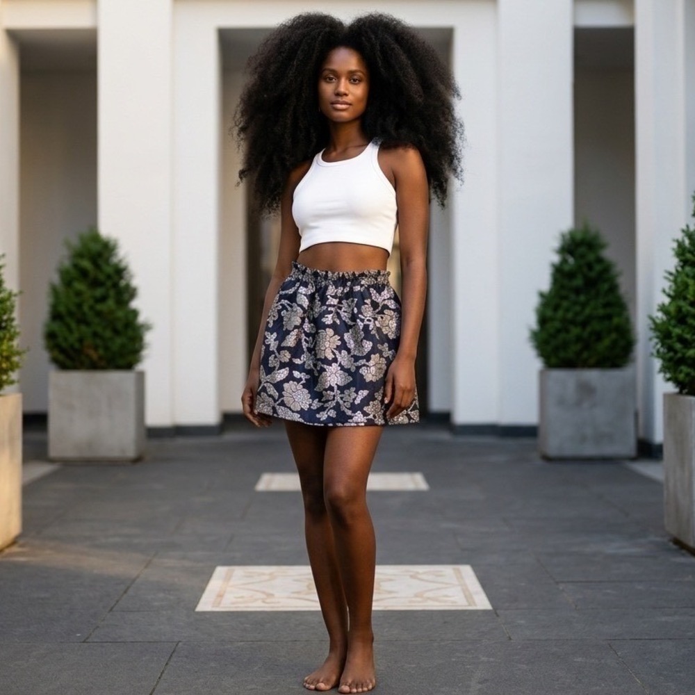 Zara Woman Navy Silver Floral Jacquard Metallic Mini Skirt Elastic Waist Size‎ M